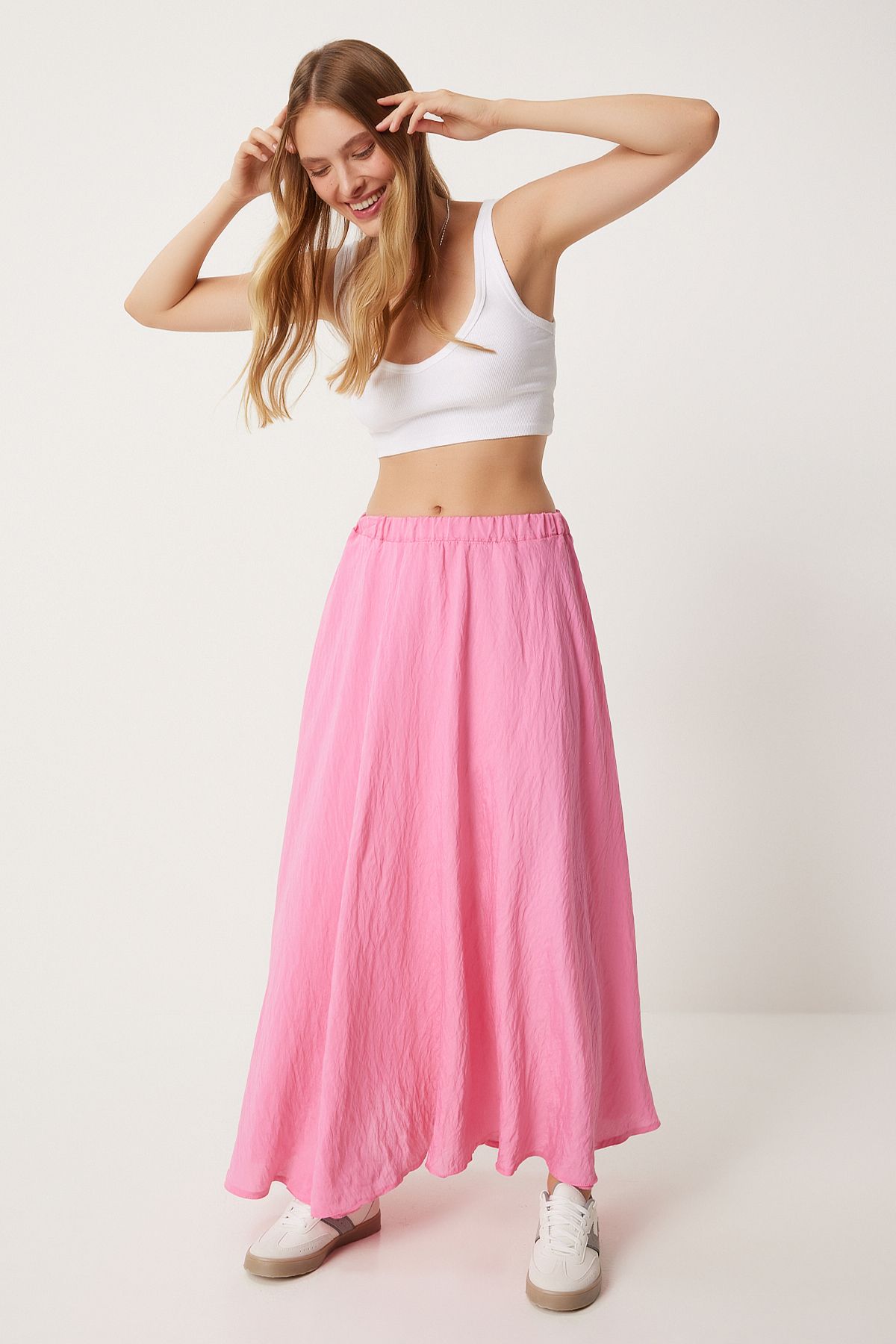 Pembe Volanlı Keten Karışımlı Uzun Etek DP00209