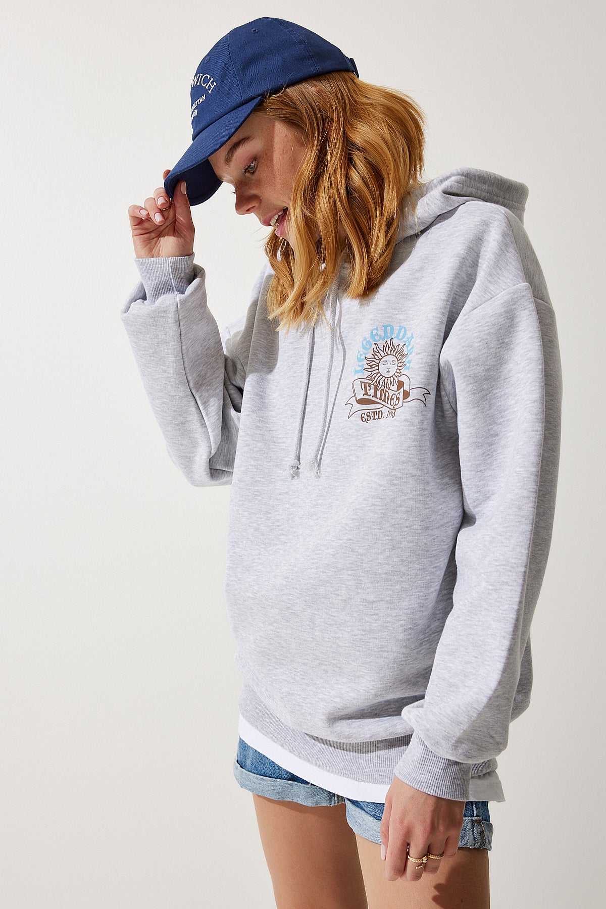 Gri Kapüşonlu Şardonlu Örme Sweatshirt UB00251