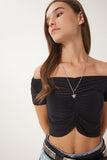 Siyah Büzgü Detaylı Crop Sandy Bluz Lİ00117