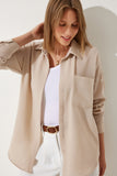 Açık Bej Oversize Keten Ayrobin Gömlek DD01222