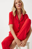 Kırmızı Biye Detaylı Gömlek Pantolon Pijama Takım EC00038
