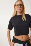 Siyah Pamuklu Crop Örme T-Shirt CR00443