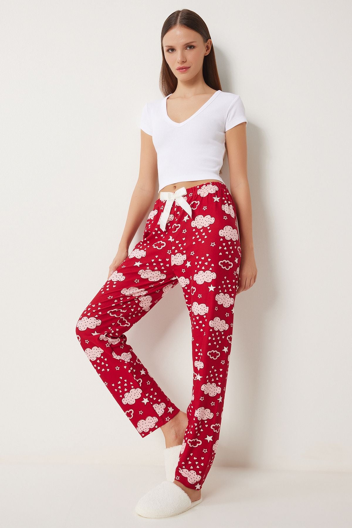 Kırmızı Pembe Desenli Yumuşak Dokulu Örme Pijama Altı EC00047