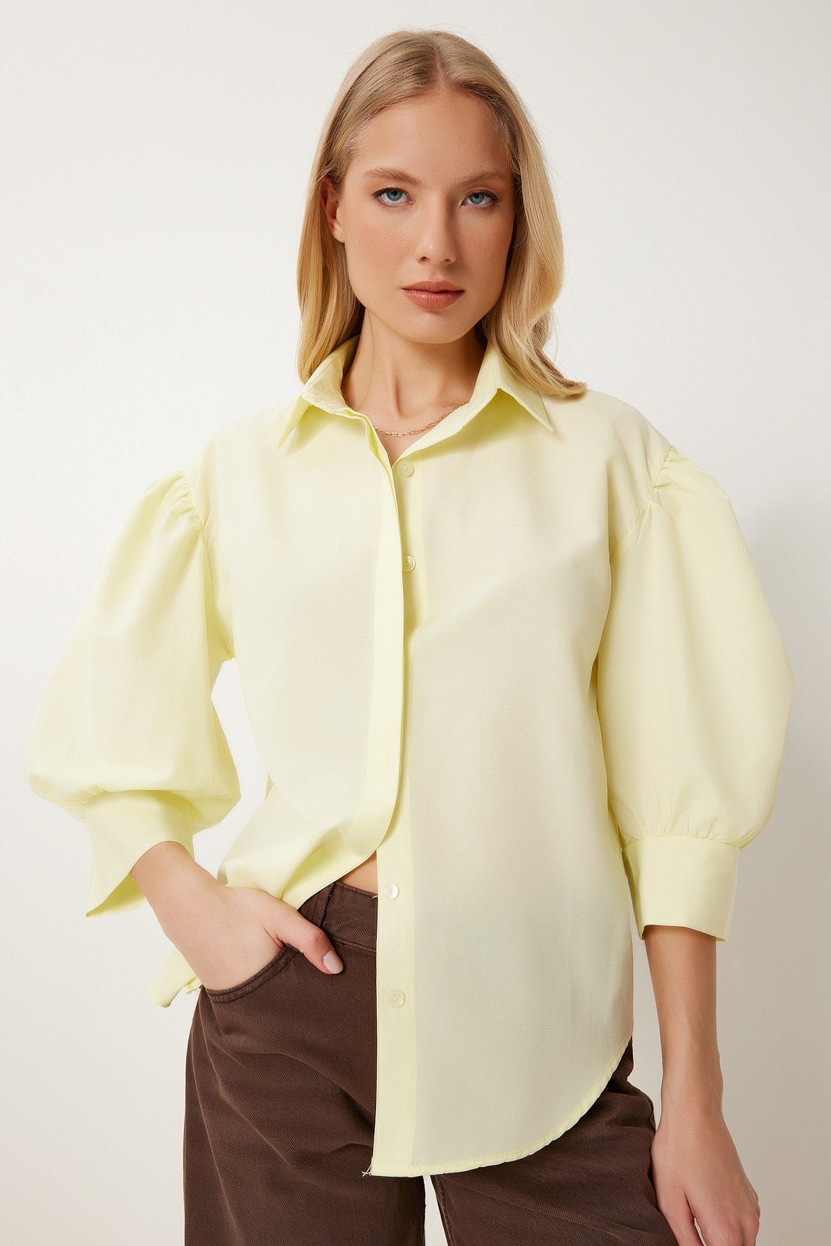Sarı Balon Kollu Poplin Gömlek ZV00315