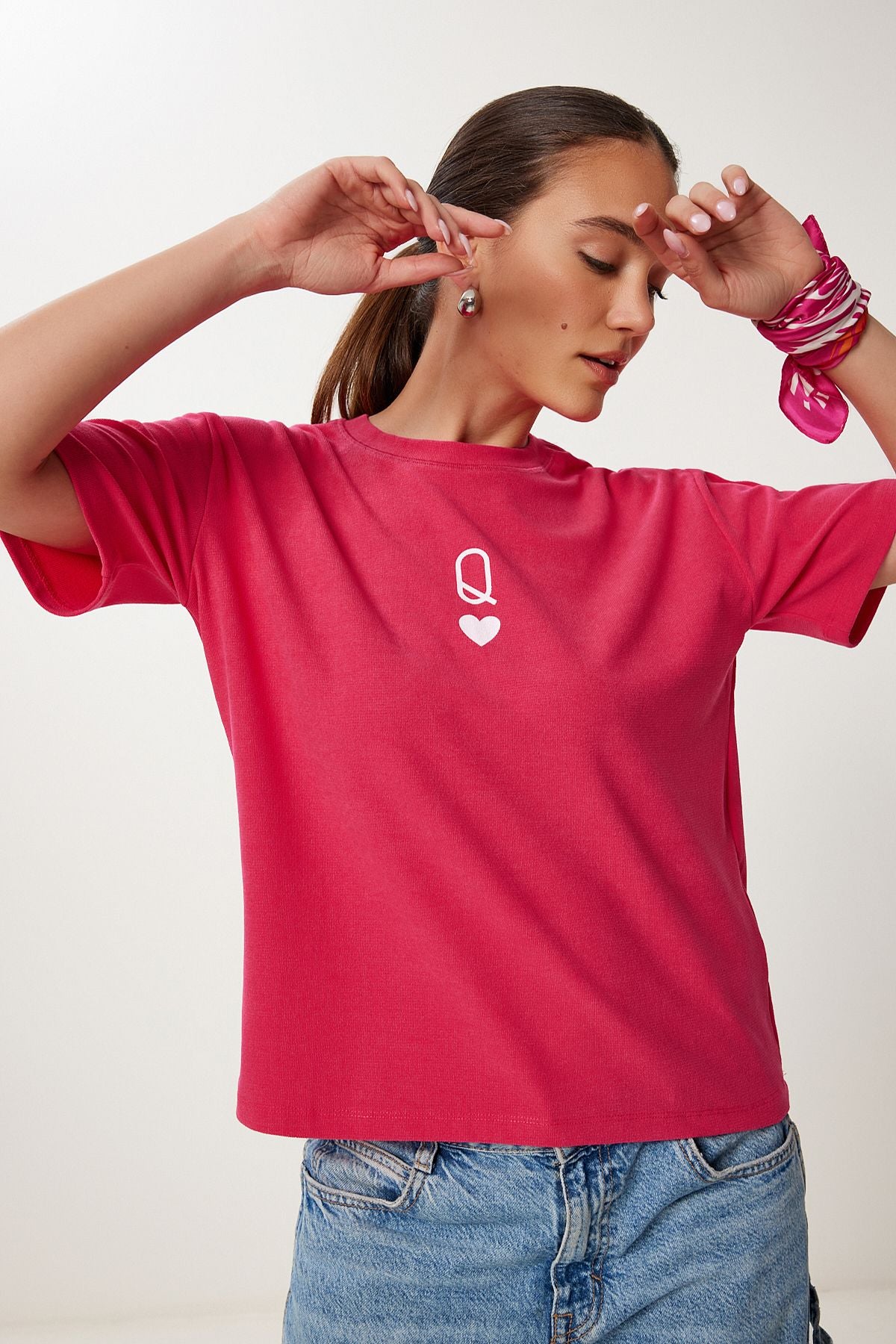 Koyu Pembe Baskılı Oversize Örme T-Shirt AN00245