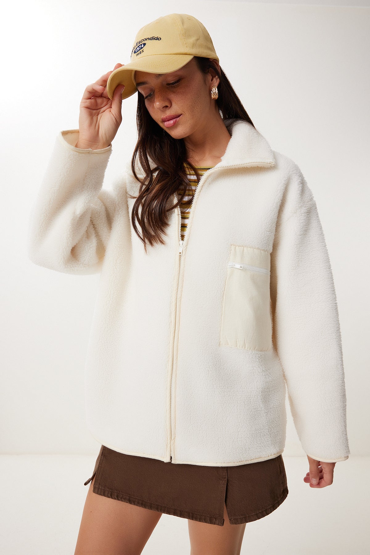 Krem Fermuarlı Oversize Peluş Sweatshirt DD01379