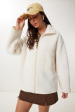 Krem Fermuarlı Oversize Peluş Sweatshirt DD01379