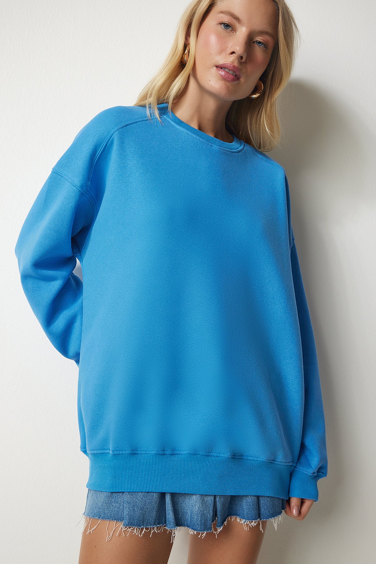 Gök Mavi Şardonlu Oversize Sweatshirt MC00232