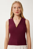 Bordo Gold Aksesuarlı Fitilli Örme Bluz ZV00308