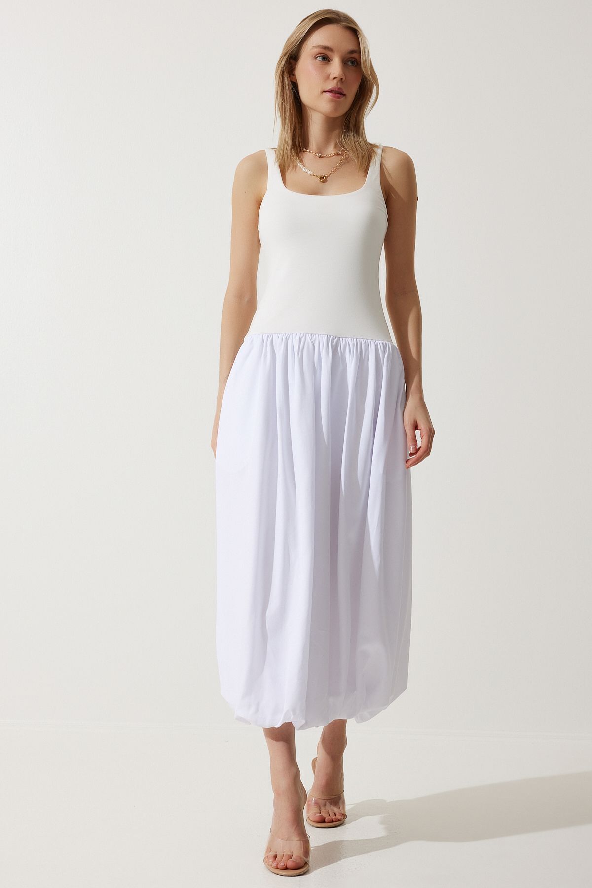 Beyaz Balon Midi Elbise UB00276