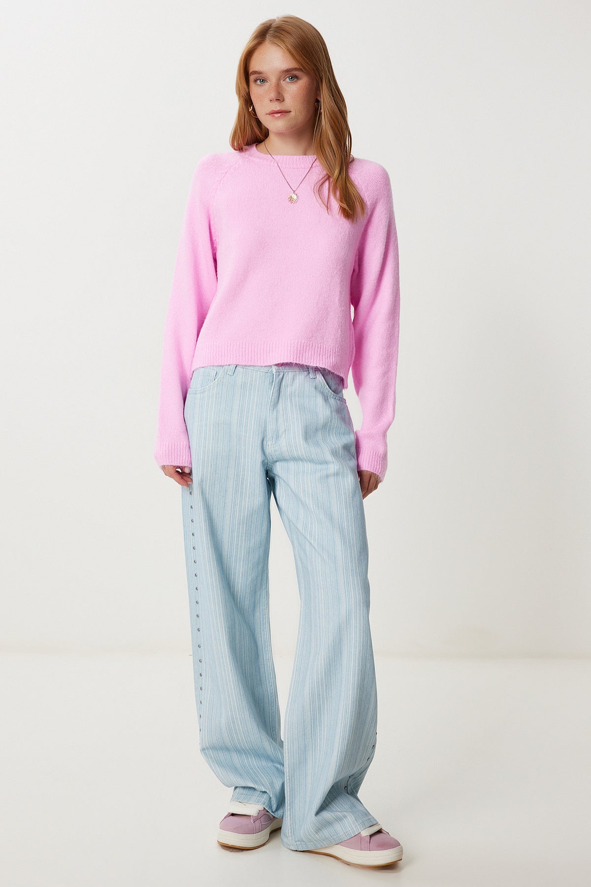 Şeker Pembe Basic Crop Triko Kazak Kİ00149