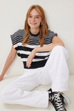 Siyah Beyaz Çizgili Crop Triko Bluz YY00264