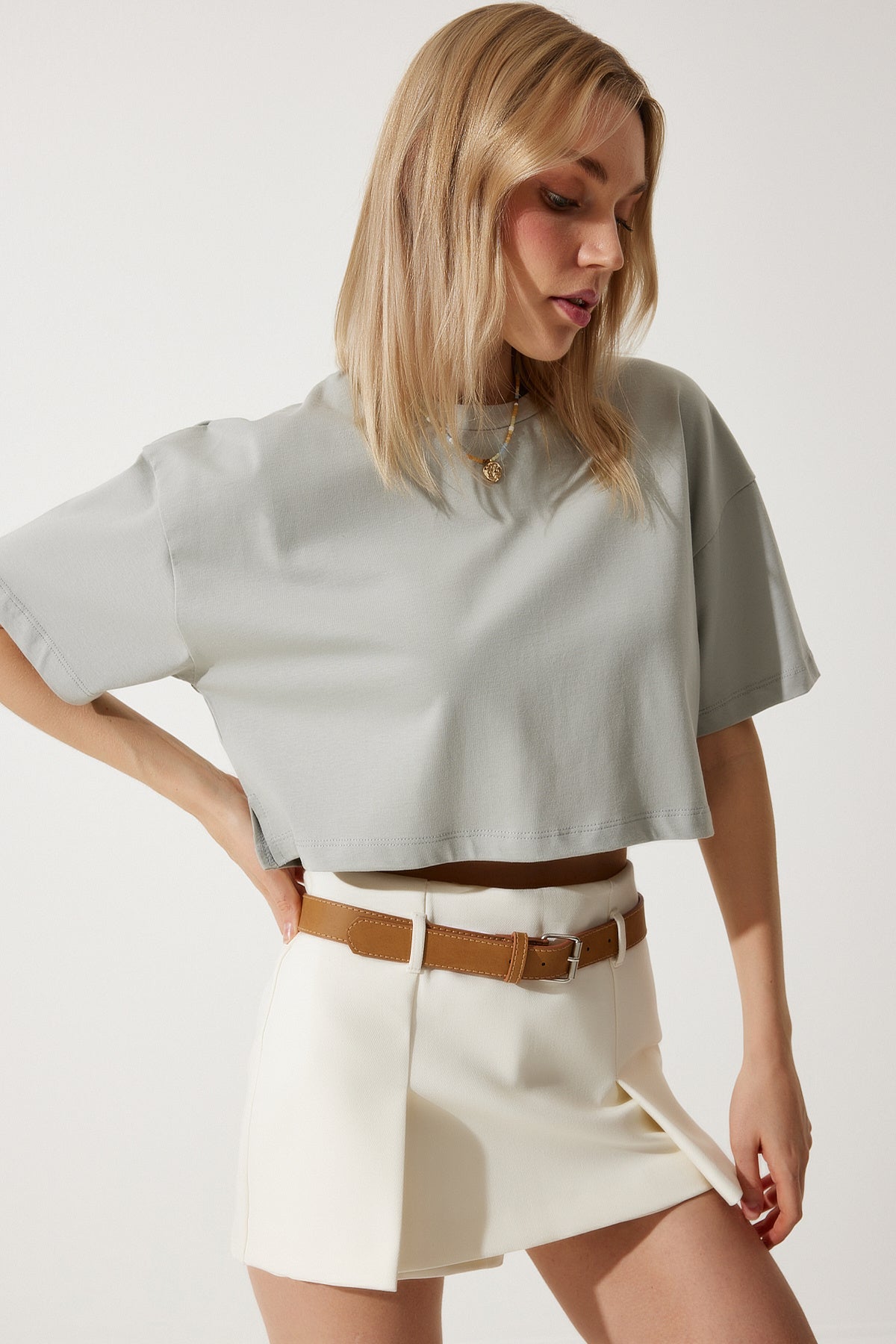 Taş Grisi %100 Pamuk Oversize Crop Örme T-Shirt BP00164