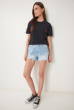 Siyah Kalp Nakışlı Pamuklu Örme T-Shirt MP00032