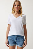 Beyaz V Yaka Modal Örme T-Shirt HW00009