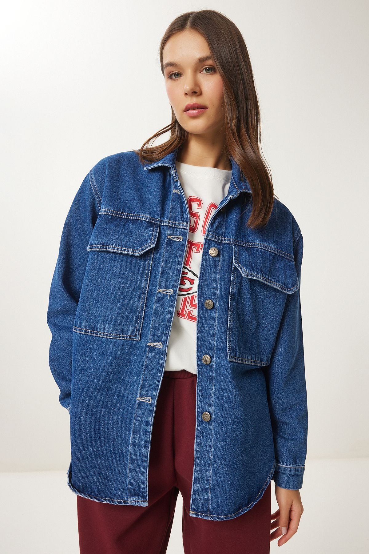 Koyu Mavi Geniş Cepli Oversize Denim Ceket AN00223