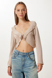 Bej Volanlı Mevsimlik Crop Triko Bluz UB00432