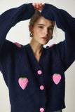 Lacivert Çilek Motifli Oversize Triko Hırka PF00008