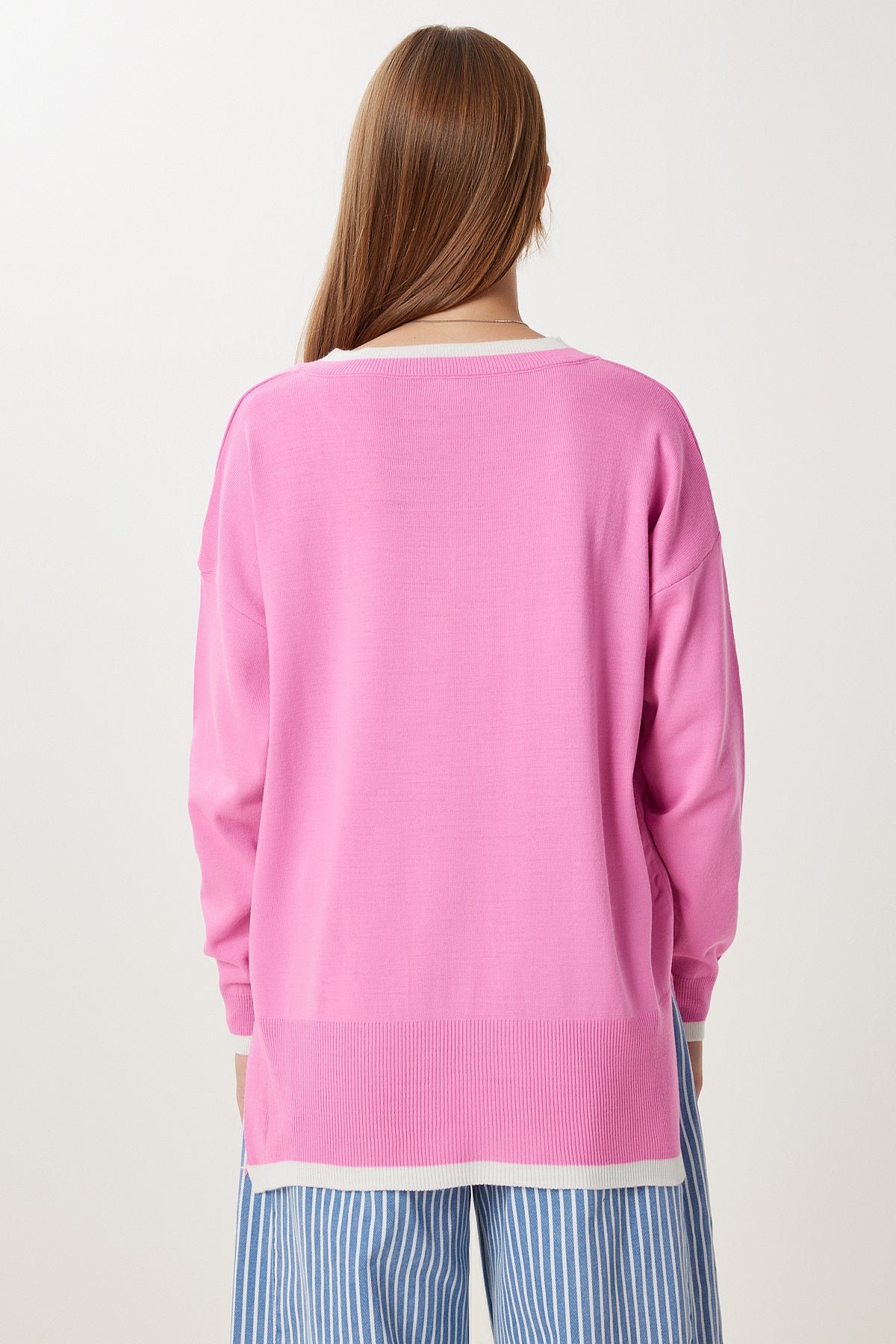 Pembe V Yaka Oversize Triko Kazak BV00081