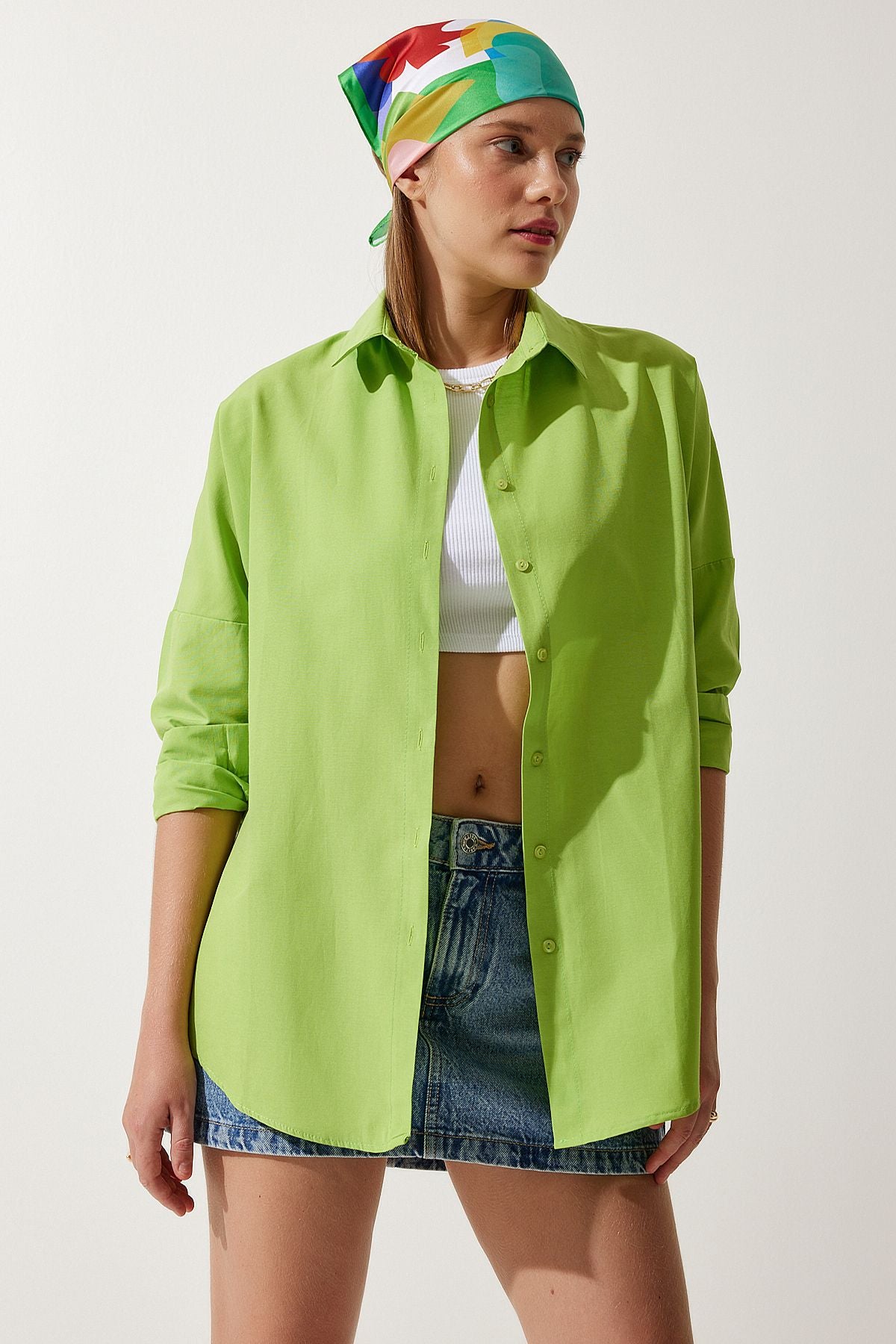 Fıstık Yeşili Oversize Uzun Basic Gömlek DD00842