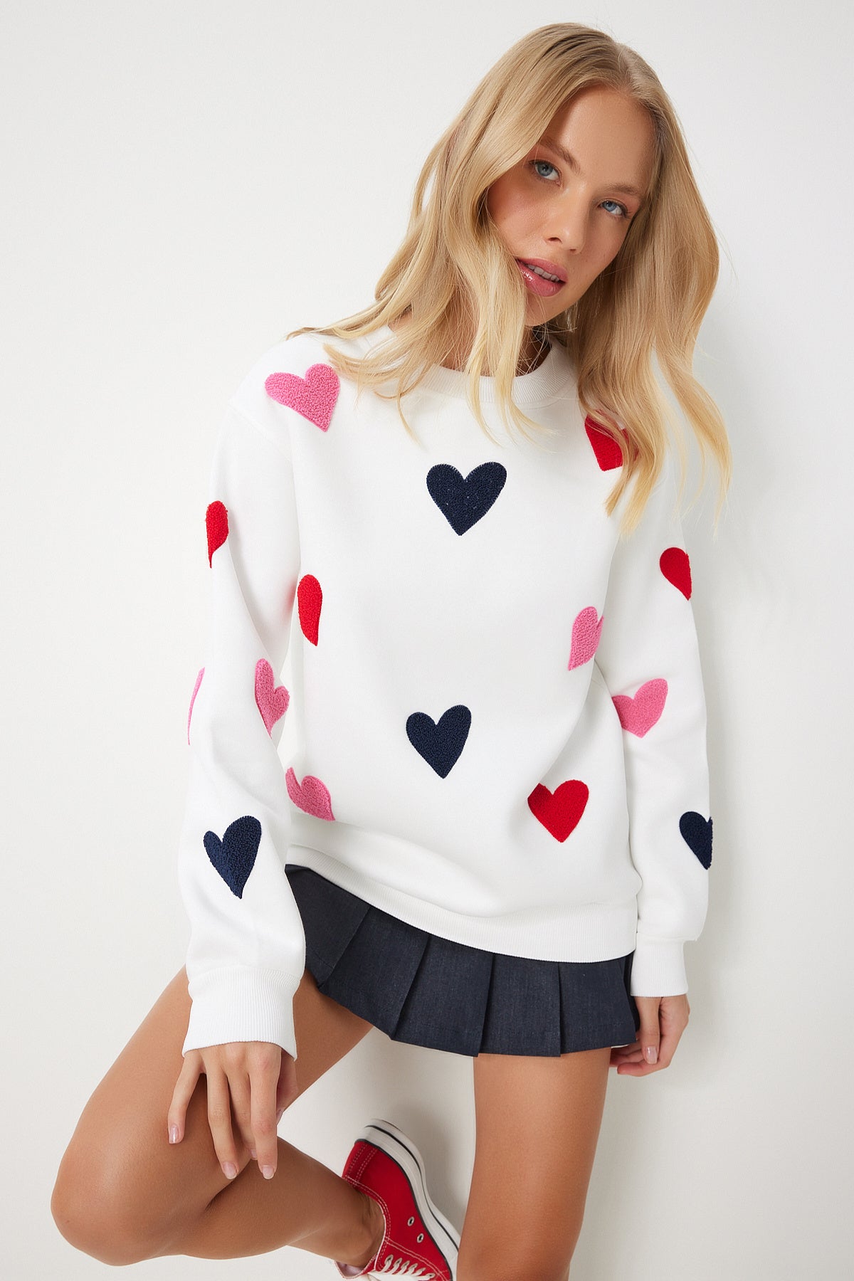 Ekru Kalpli Dokulu Şardonlu Örme Sweatshirt NJ00162