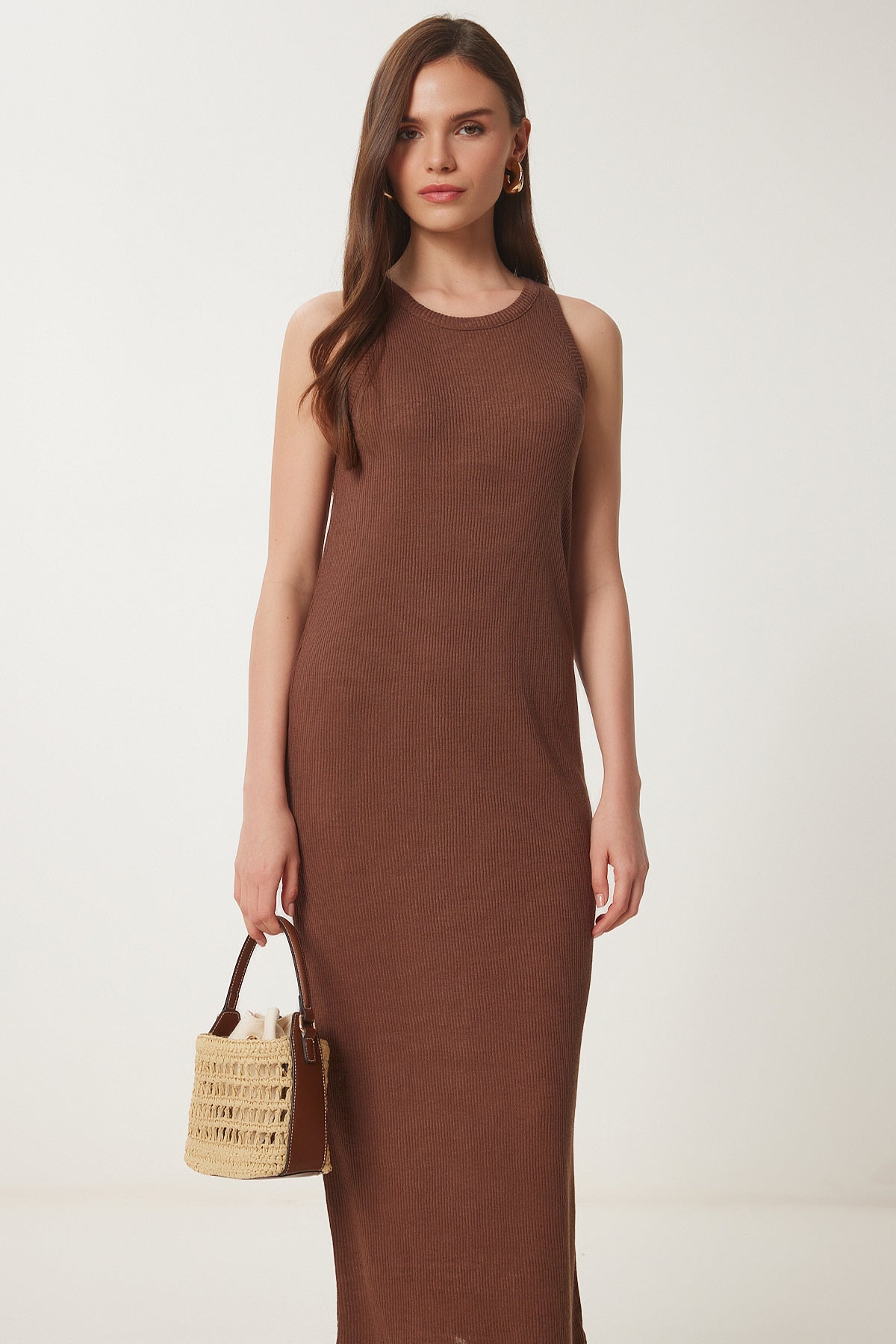 Kahverengi Basic Fitilli Midi Örme Elbise WO00049