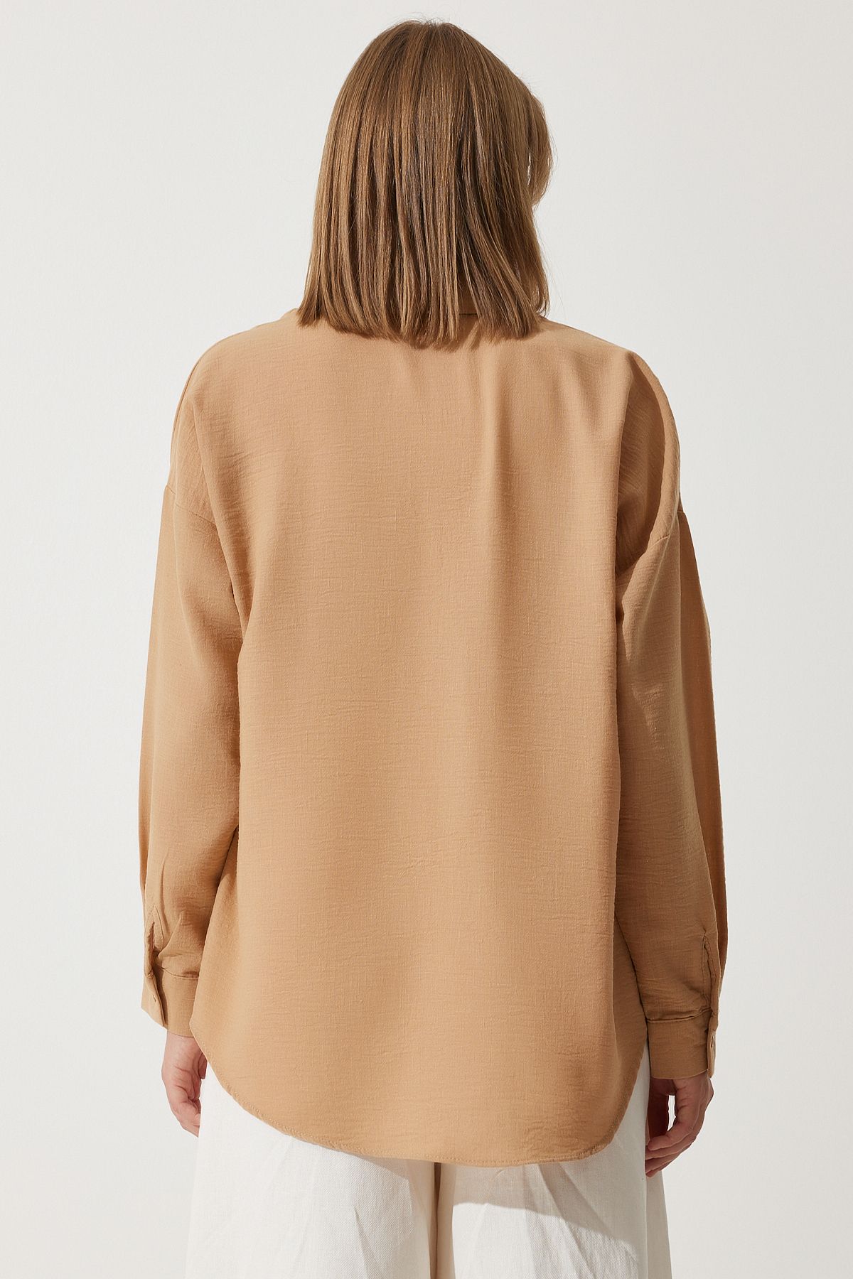 Bej Oversize Keten Ayrobin Gömlek DD01222