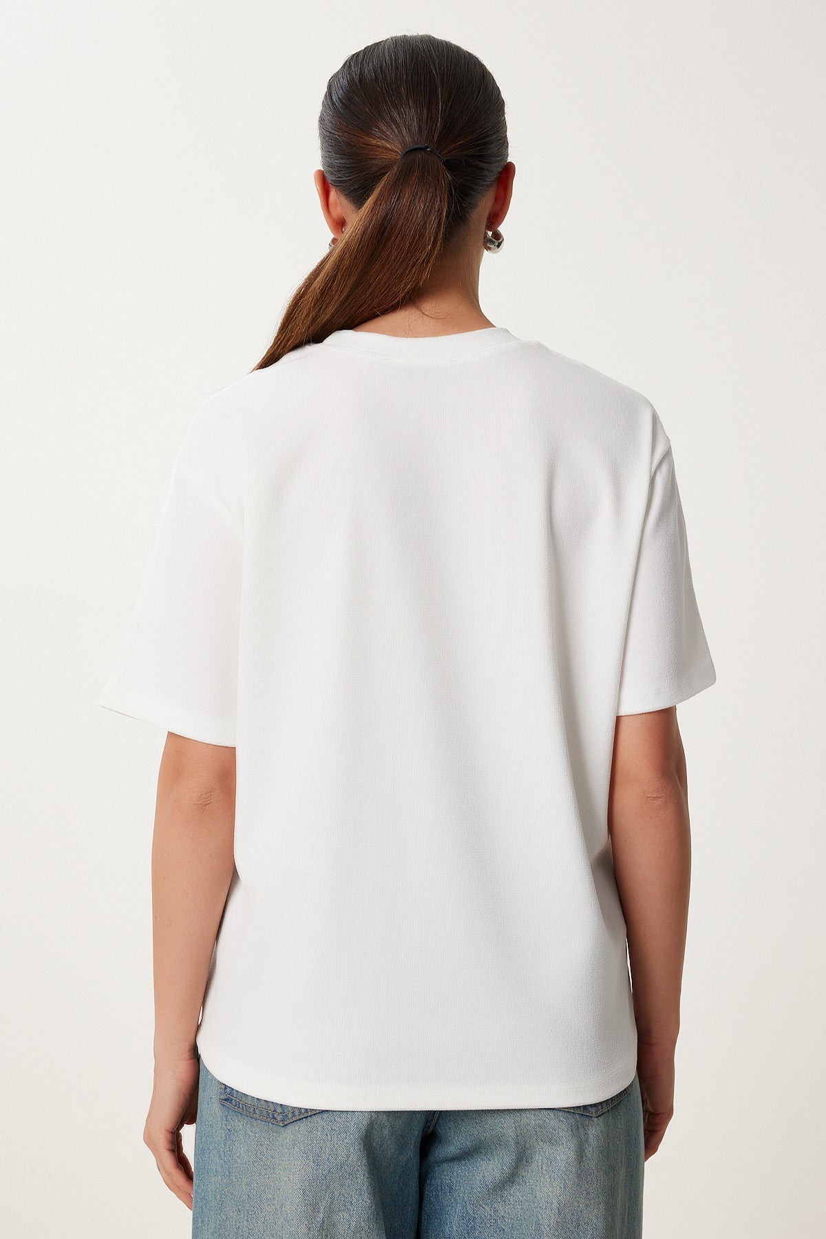 Ekru Baskılı Oversize Örme T-Shirt AN00245