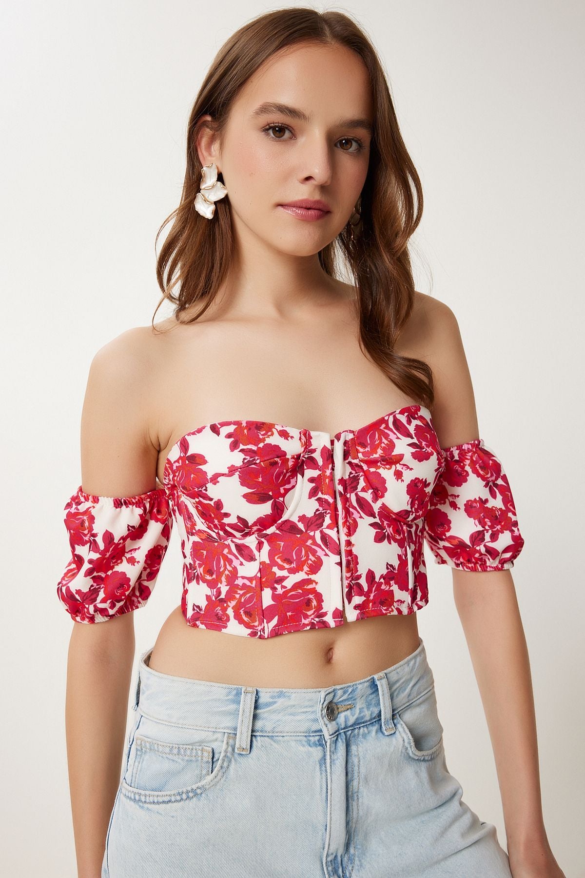 Koyu Pembe Krem Desenli Crop Viskon Bluz CR00510