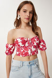 Koyu Pembe Krem Desenli Crop Viskon Bluz CR00510
