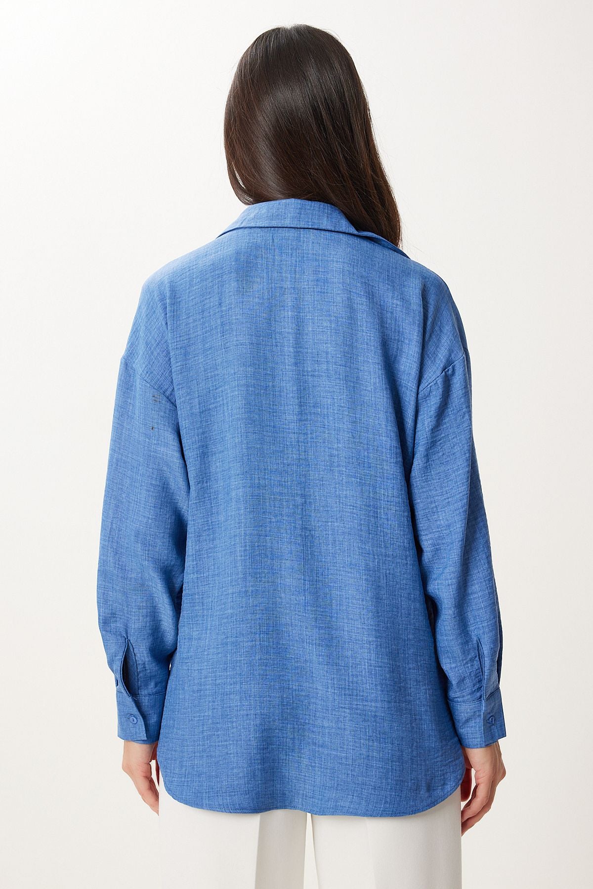 İndigo Mavi Oversize Keten Gömlek PB00053