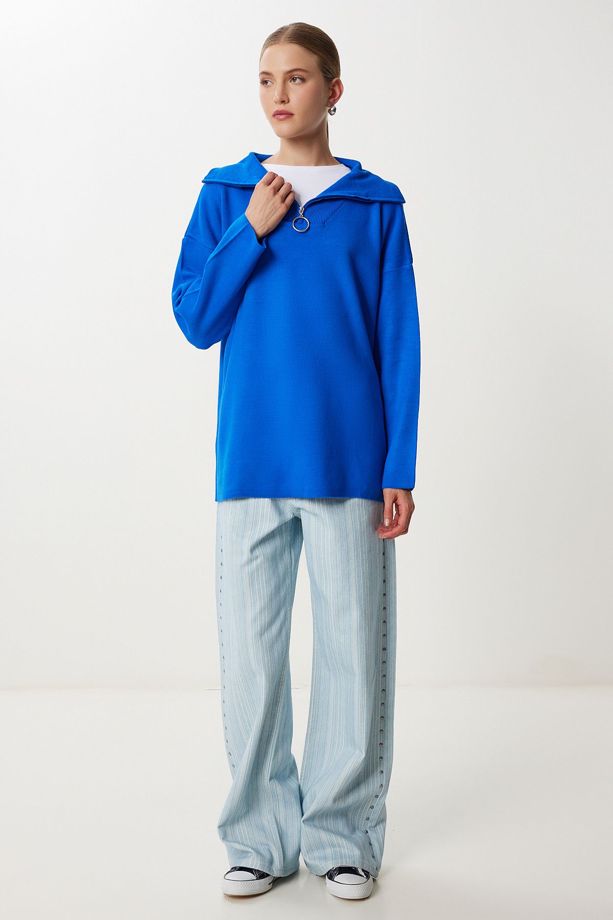 Koyu Mavi Fermuarlı Oversize Triko Kazak YY00263