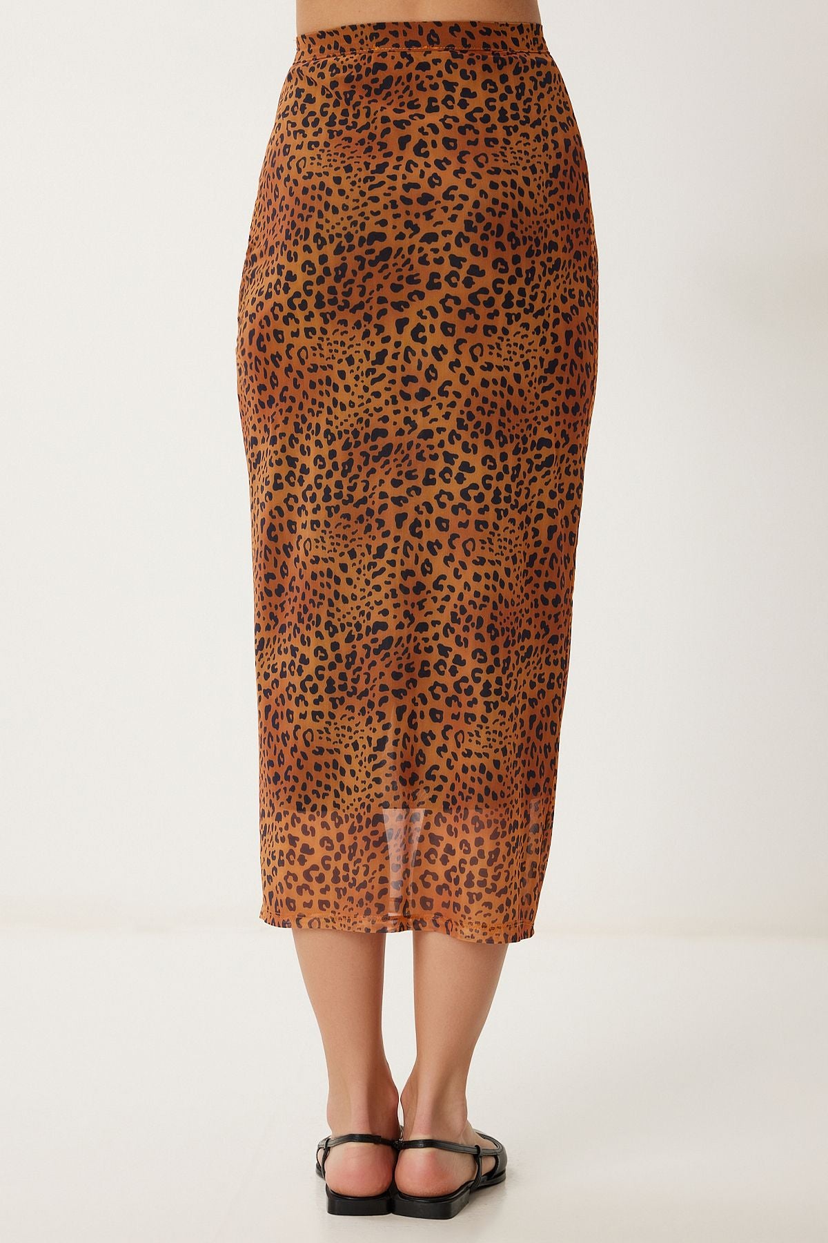 Camel Leopar Desenli Yırtmaçlı Esnek Şifon Etek CR00490