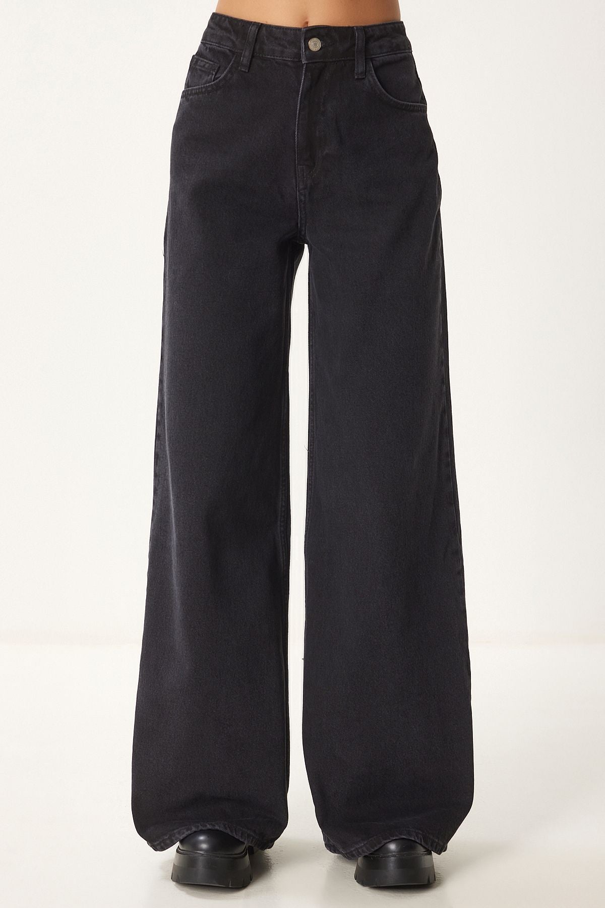 Siyah Orta Bel Geniş Paça Jean FN03413