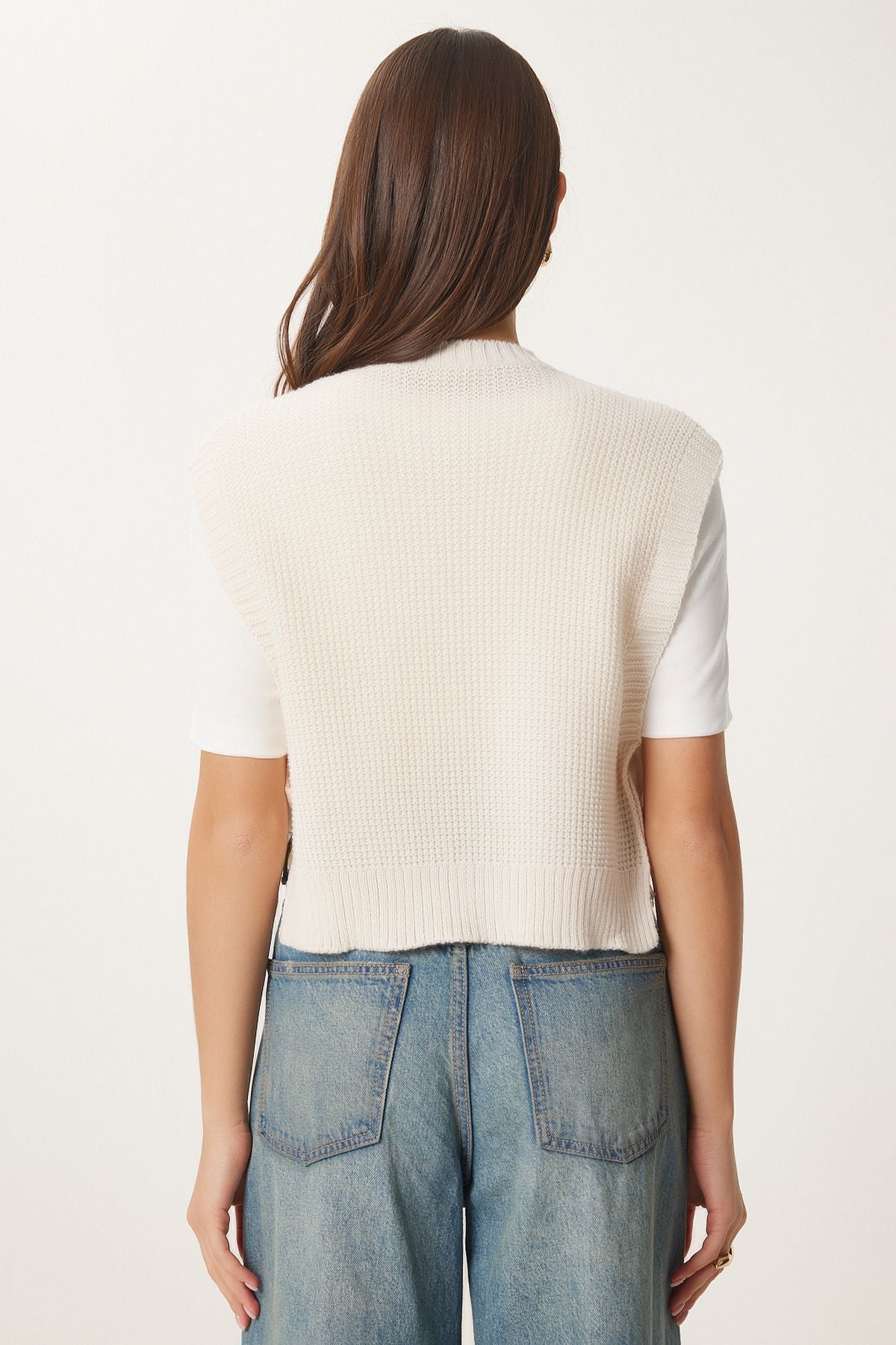 Krem Çiçek Nakışlı Bağlamalı Crop Triko Süveter KG00013