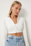 Ekru Fermuarlı Crop Scuba Ceket NJ00161