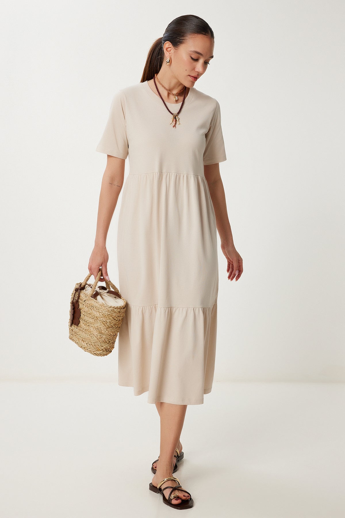 Krem Oversize Volanlı Yazlık Örme Elbise CR00475