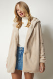 Bej Kapüşonlu Oversize Kürklü Peluş Kaban RV00148