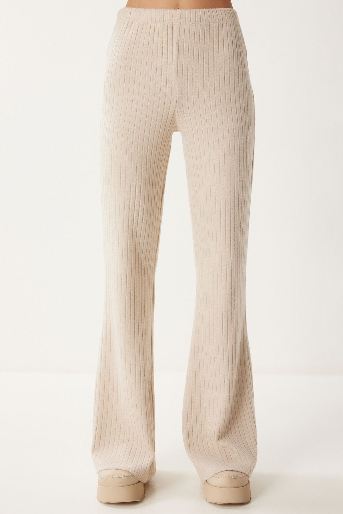 Krem Rahat Fitilli Örme Bluz Pantolon Takım RG00047