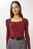 Bordo Kare Yaka Viskon Örme Bluz RX00040