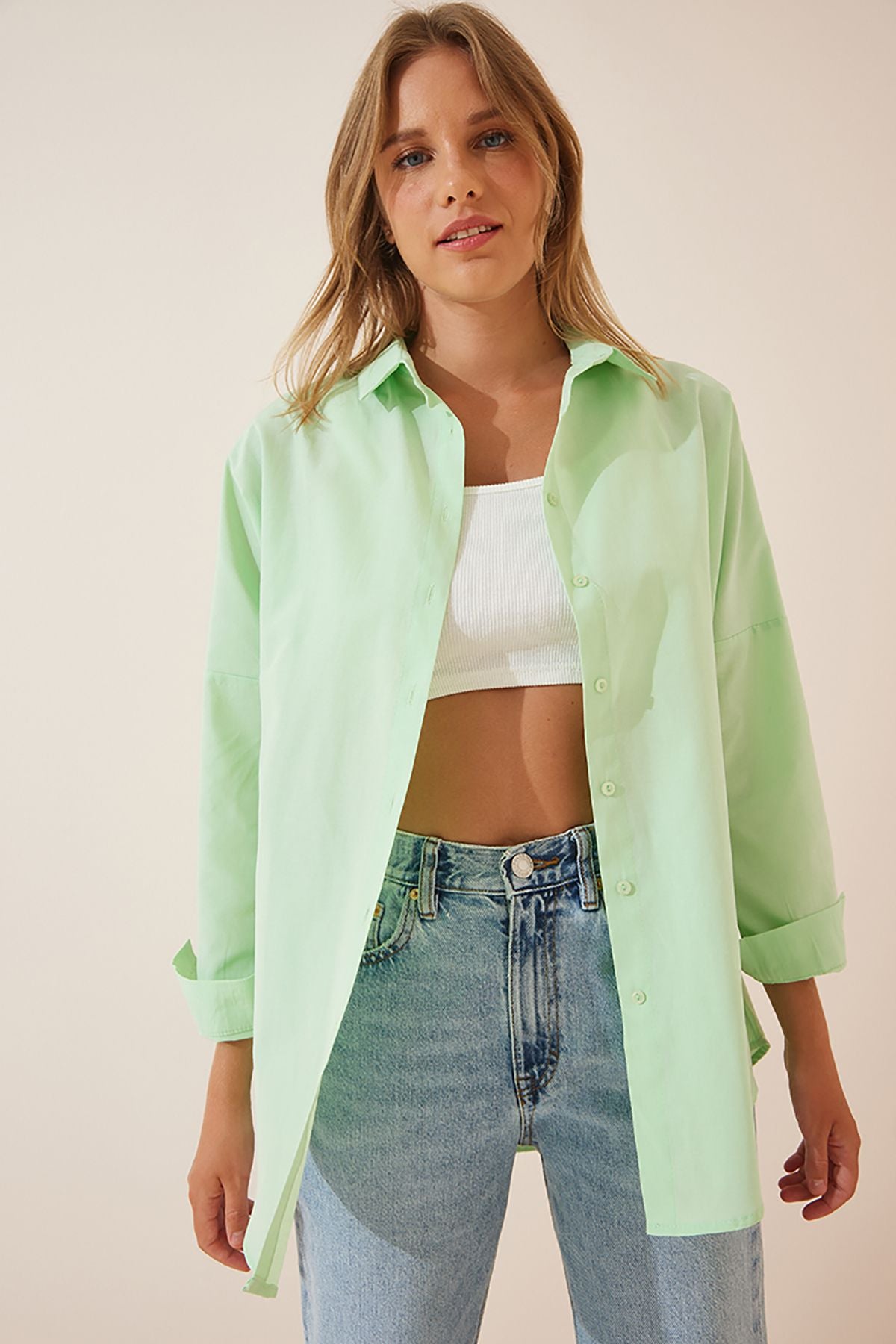 Açık Yeşil Oversize Uzun Basic Gömlek DD00842