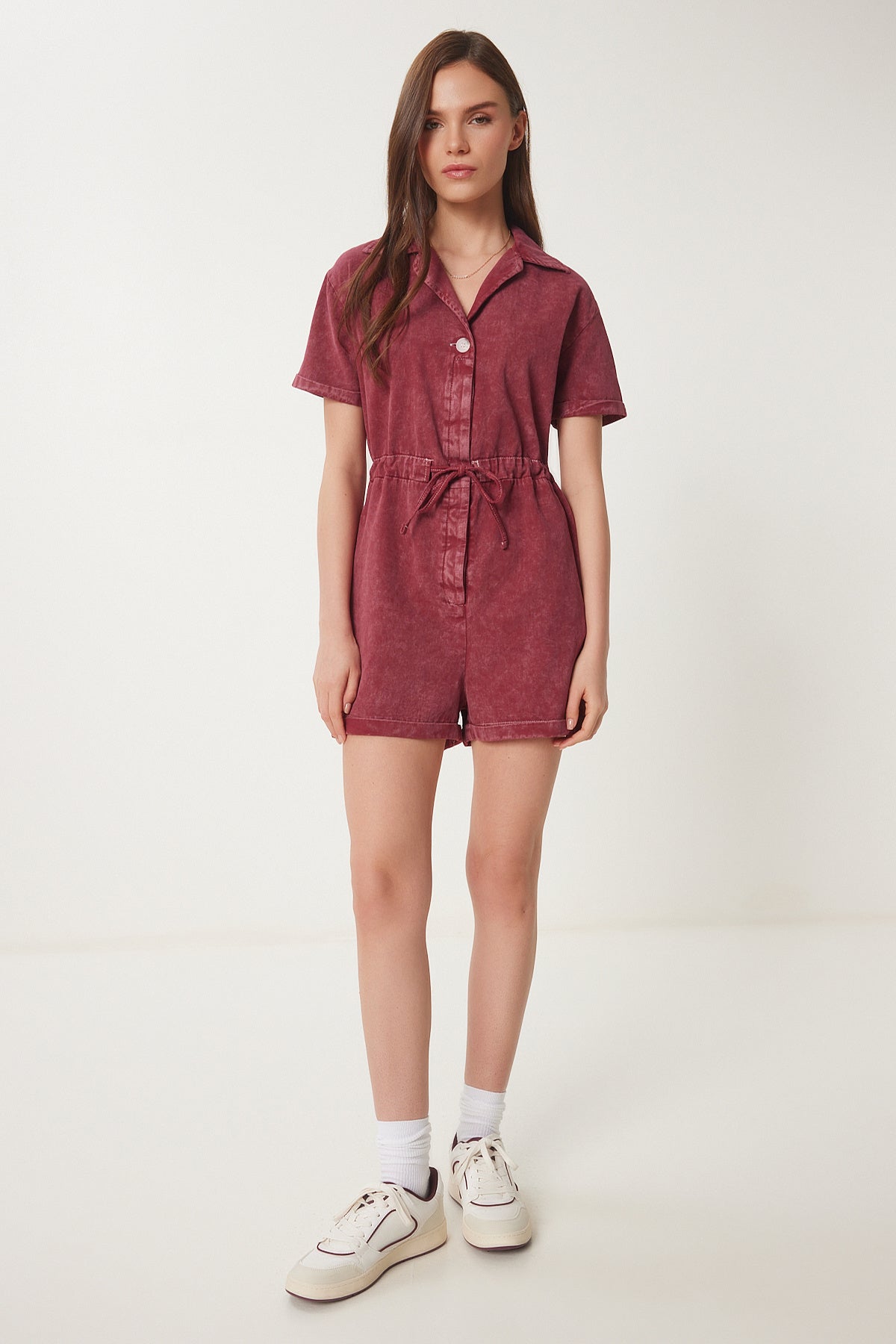 Bordo Polo Yaka Yıkamalı Yazlık Gabardin Tulum RG00053