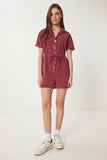 Bordo Polo Yaka Yıkamalı Yazlık Gabardin Tulum RG00053