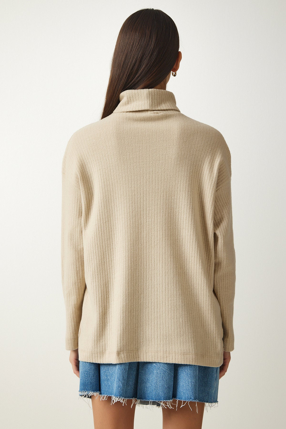 Bej Balıkçı Yaka Fitilli Oversize Örme Bluz UB00213