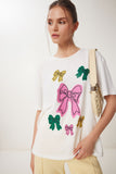 Beyaz Fiyonk Baskılı Örme T-Shirt VN00024
