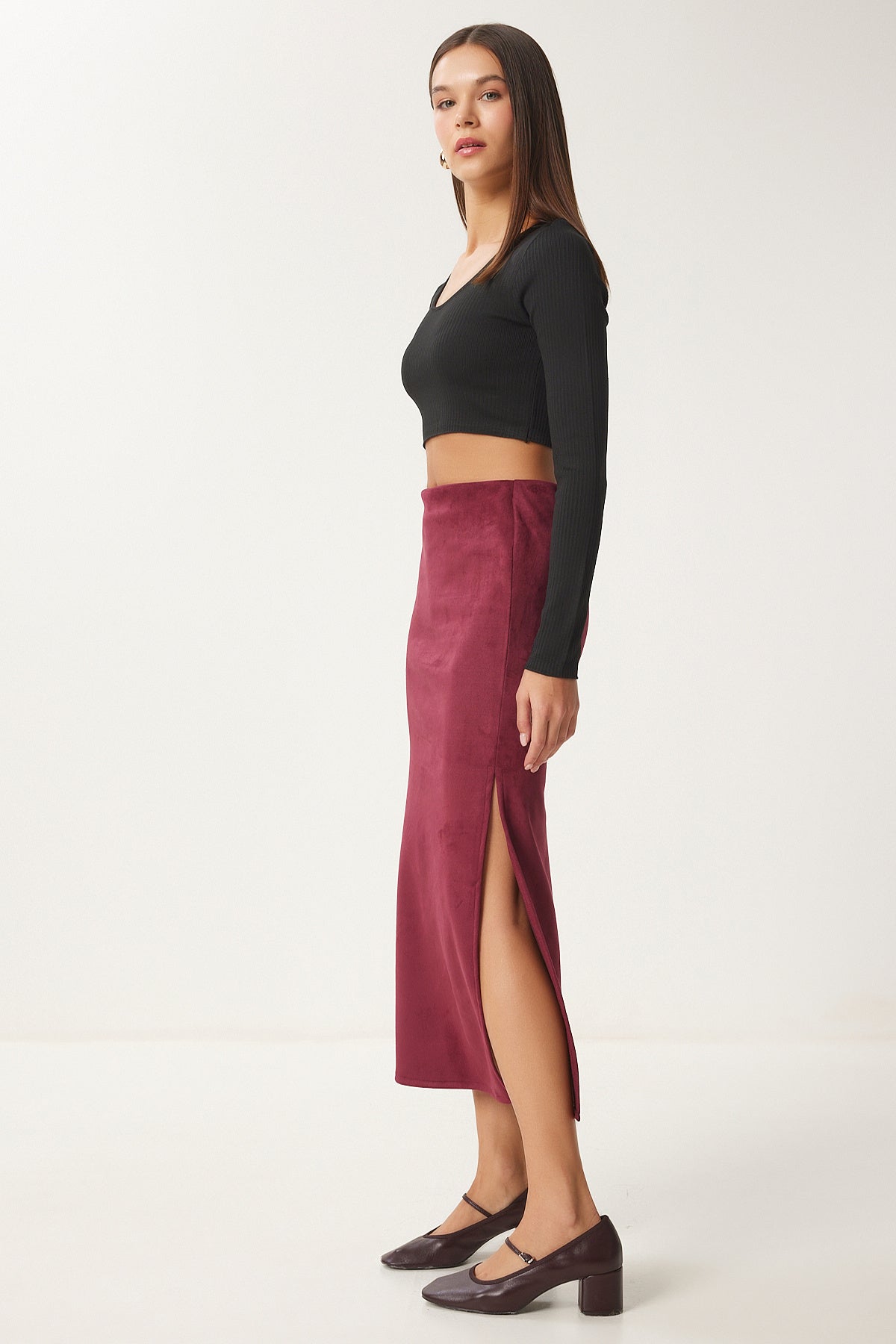 Bordo Yırtmaçlı Uzun Süet Dokuma Etek MC00292
