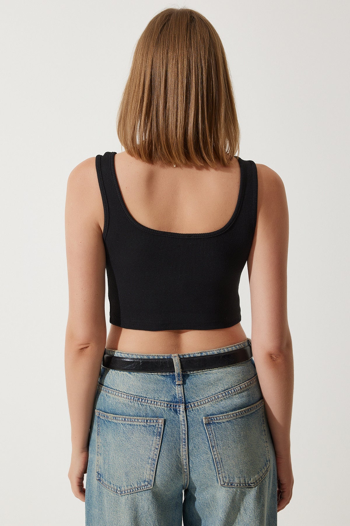 Siyah Beyaz Askılı Crop İkili Paket Örme Bluz GT00034