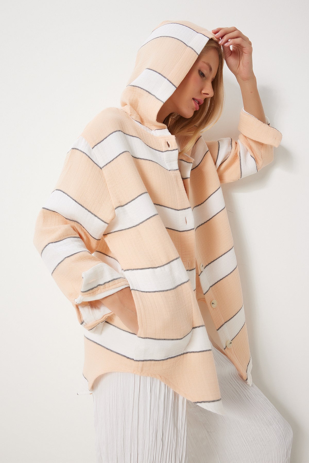 Somon Çizgili Kapüşonlu Oversize Müslin Ceket Gömlek  FN03364