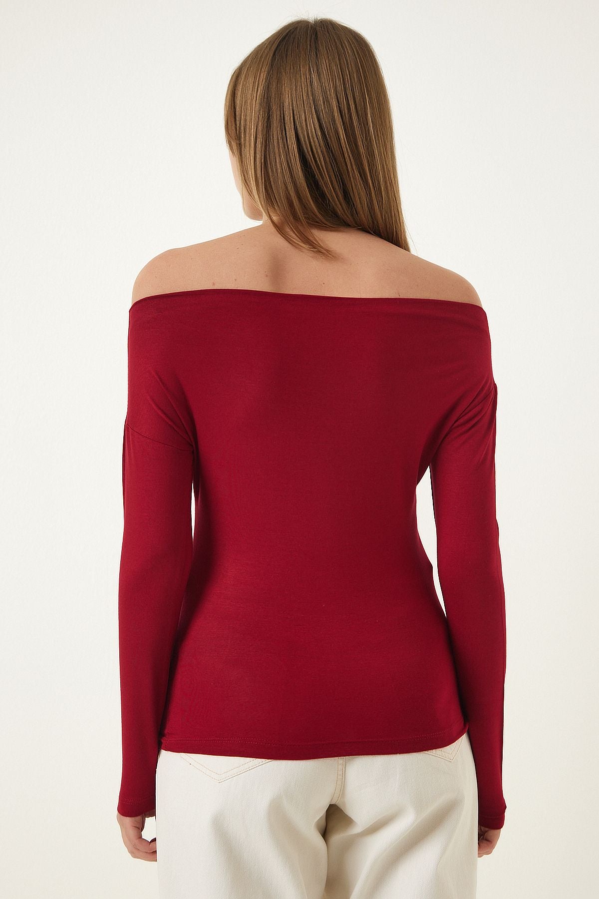 Bordo Kayık Yaka Örme Bluz RX00046