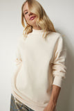 Krem Dik Yaka Basic Şardonlu Sweatshirt UB00166